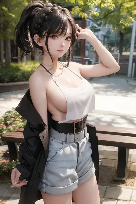 (extremely detailed CG unity 8k wallpaper), (masterpiece), (best quality), (ultra-detailed), (best illustration), (best shadow), (photorealistic:1.1),(PureErosFace_V1:0.5),<lora:japaneseDollLikeness_v10:0.2>, <lora:taiwanDollLikeness_v10:0.1>,(taiwanese cute girl),(taiwanese sexy lady),(taiwanese gorgeous milf),real human skin, lens flare, shade, backlighting,(depth of field),(natural lighting),film grain,((1 girl)),ultra-high res,(detailed eyes:1.4),brown eyes, seductive smile,cute,(solo focus),(blacl hair),((wavy lob short hair with side braided ponytail)),((white wool trench coat)),(black tank top),(short jeans with metal belt),((large breasts)),((full body selfie)),(angled shot from the side), blurred background,18 y.o,((solo)),(glossy skin),close mouth,wearing diamond necklace,(smile512:0.1),(night),(close mouth),<lora:nagatitiLora_nagatitiLora:1> ,(beautiful_mistake-8500:0.5),((busty)),(no makeup),<lora:cuteGirlMix4_v10:0.1>,(in park),(big tree),(near bench),brokeh,(depth of field),naked