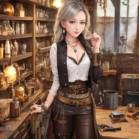 best quality, masterpiece, highres, tyndall effect, photorealistic, rim lighting, two tone lighting,(high detailed skin:1.2), 8k uhd, dslr, soft lighting, high quality, volumetric lighting, candid, Photograph, high resolution, 4k, 8k, Bokeh, , upon_body, | | 1 european girl, steampunkai, steampunk, a slightly smiling woman in a small workshop, necklace, earrings, bracelets, chains, shirt, vest, leather belt, intricate design | | dark studio, <lora:koreanDollLikeness_v15:0.33>, <lora:japaneseDollLikeness_v10:0.2>, silver hair