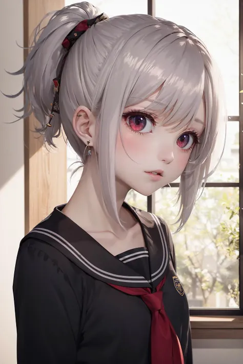 best quality, masterpiece,silver short hair, hairpin,Ponytail,red eyes, curious,school uniform,upper body,school,sunlight