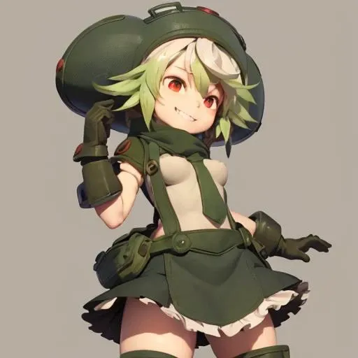 1girl, prushka, smile, red eyes, green_headwear, hat, gloves, multicolored_hair, boots, skirt <lora:prushka_v10:1>