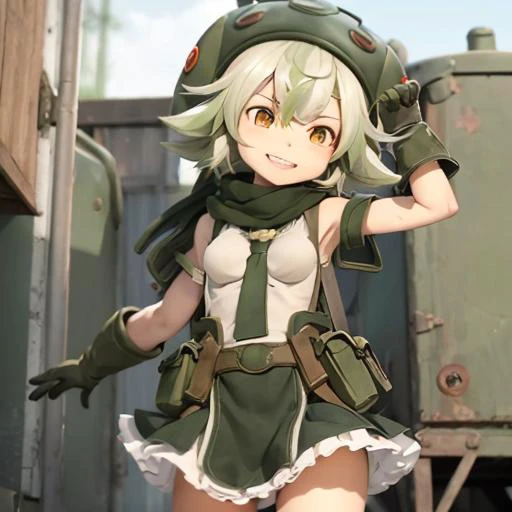 1girl, prushka, smile, red eyes, green_headwear, hat, gloves, multicolored_hair, boots, skirt <lora:prushka_v10:1>