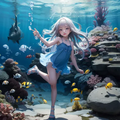 <lora:koreandolllikenessV20_v20:0.8>
masterpiece, highres, front shot, looking at viewer,
a girl is gently standing on deepsea rock with one leg, , colorful, ocean life, under the sea, wearing blue dress with gem decoration, holding a glowing ore,
