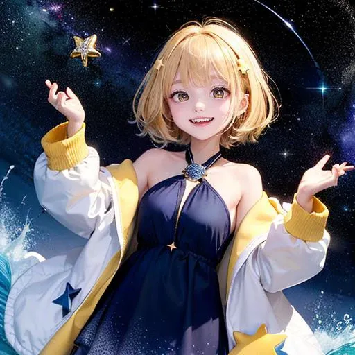 hyperdetailed, <lora:koreandolllikenessV20_v20:0.8>, multiple starlight, falling stars, lost gravity,
a girl chasing stars while floating in the space, grin, whole body, multiple miniature stars around character,
((yellow eyes with star pupils)),  short blonde hair, blue star ornament, wearing oversized blue dress with lots of layers, white robe,
ocean wave, milkyway, event horizon,