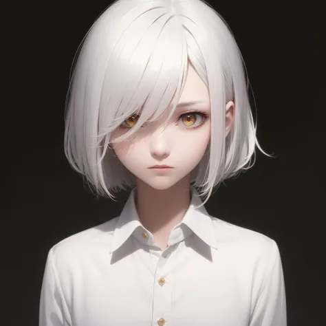 best quality, masterpiece,white hair, gold eyes,collared shirt ,upper body,(looking at viewer:1.25),looking to the side , expressionless eyes,