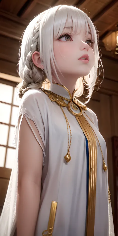 best quality, masterpiece,white hair, gold eyes,white clothes, looking up, upper body,hair strand,Fair skin,side braids