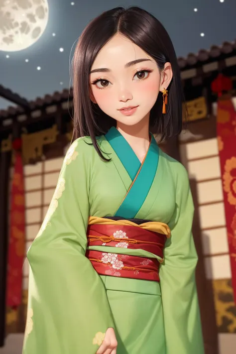 ((masterpiece, best quality:1.2),
MulanWaifu,(beautiful skin:1.2),,beautiful face,round face,(beautiful slanted eyes:1.4),brown eyes,black hair,(green japanese clothes,kimono:1.2),small breasts,
outdoors,at night,starry sky,full moon,chinese palace,fearless smile,cowboy shot, <lora:faMulanDisneyPrincess_v10:0.5>