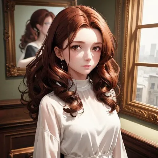 best quality, masterpiece, red brown hair,pony tail,woman,curly hair,natural skin texture,bare forehead,green eyes,green sparkling eyes,white lace shirt,loops earring,soft cinematic light,elegant,(looking at viewer:1.25), <lora:gachaSplashLORA_v40:1>
