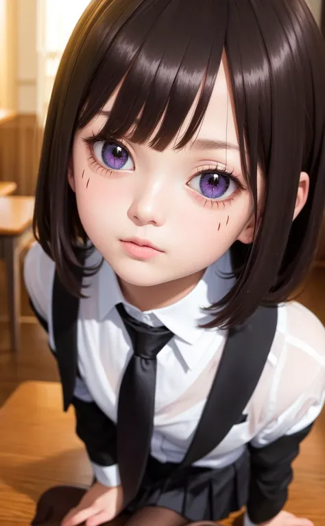 (masterpiece, best quality:1.2),ultra-detailed, illustration, (colorful),1girl, (anime), detailed skin texture, detailed cloth texture, beautiful detailed face,looking at viewer,depth of field,school,pleated miniskirt,shirt, black hair, medium hair, pantyhose, perfect lighting,black necktie,(Realistic:0.5)