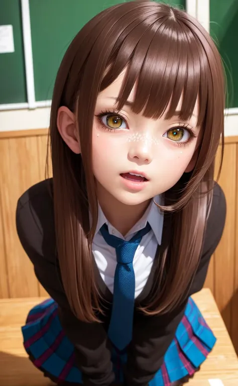 (masterpiece, best quality:1.2),ultra-detailed, illustration, (colorful),1girl, (anime), detailed skin texture, detailed cloth texture, beautiful detailed face,looking at viewer,depth of field,school,pleated miniskirt,shirt, black hair, medium hair, pantyhose, perfect lighting,black necktie,(Realistic:0.4),excited,(full face)
