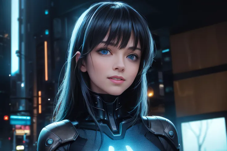 ((award winning upper body shot of 30 year old, female, futuristic warrior, standing,insane blue eyes, leaning back against wall in front of building)),alexisbl3del,sexualy biting one side of lip,(beautiful face:1.1),black hair,blue eyes,city ,future,neon lights,(cyberpunk:1.5),futuristic,(perfect face),cute face,(8k, RAW photo, best quality, masterpiece:1.2), (realistic:1.3), (photorealistic:1.3),ultra-detailed, (high detailed skin:1.2), 8k uhd, dslr, soft lighting, high quality, film grain, Fujifilm XT3, best quality, beautiful lighting,cinematic lighting ,(seductive smile:1.5), (intense starring), bomb exploding in background,
, intricate details,(perfect face:1.5),(((beautiful face))),detailed face,(1girl,solo),(looking at viewer, eye contact:1.4), <lora:epiNoiseoffset_v2:1> ,