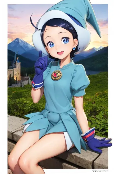 solo, ojaksnmgc, blue eyes, blue hair, short hair, bangs, ahoge, witch hat, blue dress, blue skirt, short skirt, puffy sleeves, blue gloves, jewelry, sitting, looking at viewer, mountain, castle <lora:aiko-senoo-magical-000007:1>