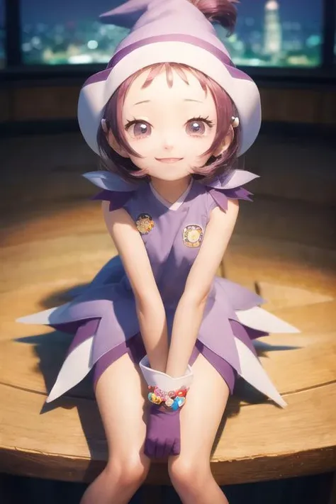 ojsgwopmgc, sitting, smile, city <lora:segawa-onpu-witch:1>