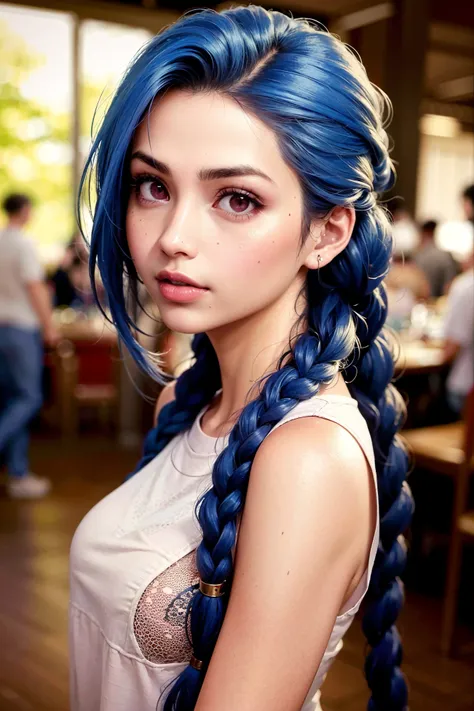 (JinxLol:1.2), (ultra photorealistic:1.3), (masterpiece:1.4), best quality, ((realistic)), high quality, ultra detailed, long braid hairstyle, ((Real picture)), ((realistic skin)), ((realistic face)), (best quality:1.1), (1girl:1.05), (beautiful:1.05), (beautiful detailed eyes:1.05), (cinematic light:1.1), light blue highlights, full body, <lyco:JinxLol:1.0>, <lyco:long_braid_hairstyle-10:0.4>, underground club, wearing a pair of sneakers, baggy jeans, standing, frontal view, long white shirt, looking at viewer,