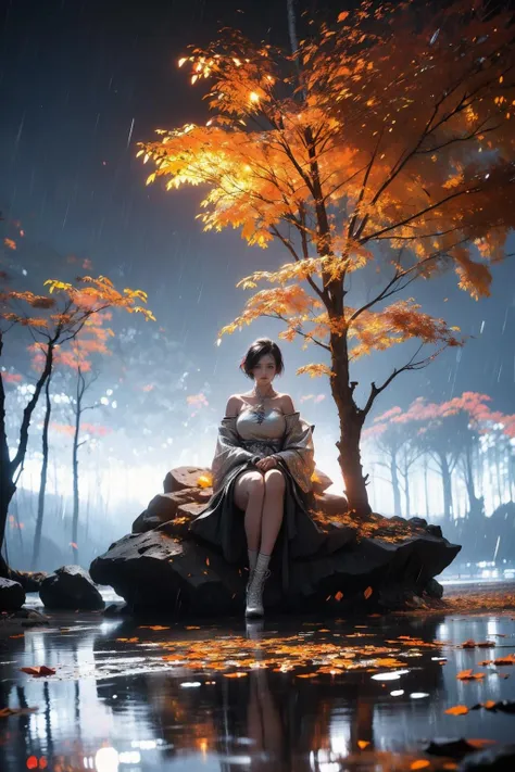 Best quality,masterpiece,ultra high res,1girl,water,solo,tree,rock,boots,leaf,sitting,dress,outdoors,detached sleeves,black hair,sunlight,reflection,white dress,breasts,short hair,sky,sun,hair ornament,autumn leaves,bare shoulders,day,norfleet,rain,<lora:bf4-000008:0.7>,