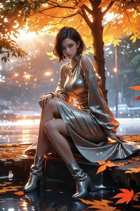 Best quality,masterpiece,ultra high res,1girl,water,solo,tree,rock,boots,leaf,sitting,dress,outdoors,detached sleeves,black hair,sunlight,reflection,white dress,breasts,short hair,sky,sun,hair ornament,autumn leaves,bare shoulders,day,norfleet,rain,<lora:bf4-000008:0.7>,