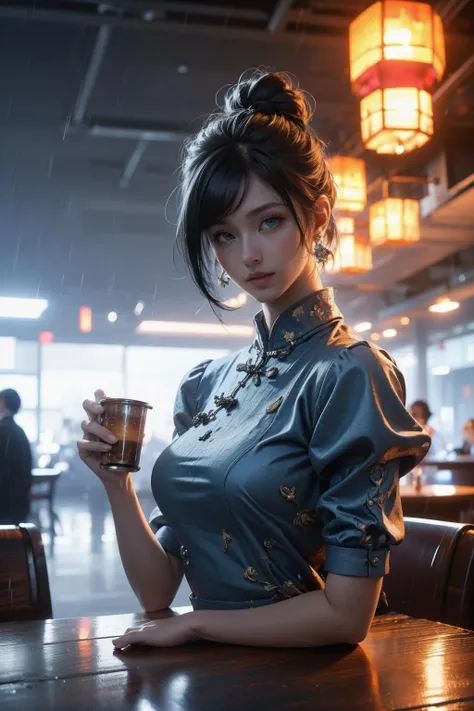 Best quality,masterpiece,ultra high res,1girl,solo,double bun,hair bun,jewelry,earrings,chun-li,bun cover,chinese clothes,short sleeves,looking at viewer,dress,upper body,lips,blue eyes,puffy sleeves,china dress,puffy short sleeves,brown hair,blue dress,breasts,bangs,black hair,closed mouth,short hair,realistic,medium breasts,nose,norfleet,rain,<lora:bf4-000008:0.7>,indoors,church,table,cafe,holding cup,