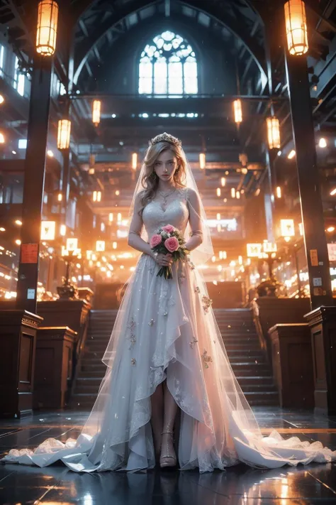 Best quality,masterpiece,ultra high res,1girl,gun,dress,blonde hair,veil,solo,jewelry,blood,necklace,blue eyes,blood on clothes,snow,bridal veil,wedding dress,(covered in on artstation,FAN ART,colourful,beautiful,artstation,film mood,dramaticoppressive lighting,shadows,cinematic atmosphere,sharp focus,worksafe,norfleet,rain,,,<lora:bf4-000008:0.6>,,indoors,church,