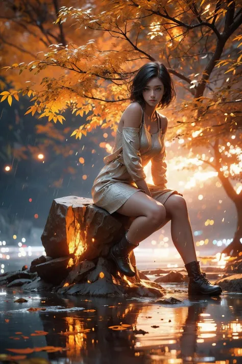 Best quality,masterpiece,ultra high res,1girl,water,solo,tree,rock,boots,leaf,sitting,dress,outdoors,detached sleeves,black hair,sunlight,reflection,white dress,breasts,short hair,sky,sun,hair ornament,autumn leaves,bare shoulders,day,norfleet,rain,<lora:bf4-000008:0.7>,