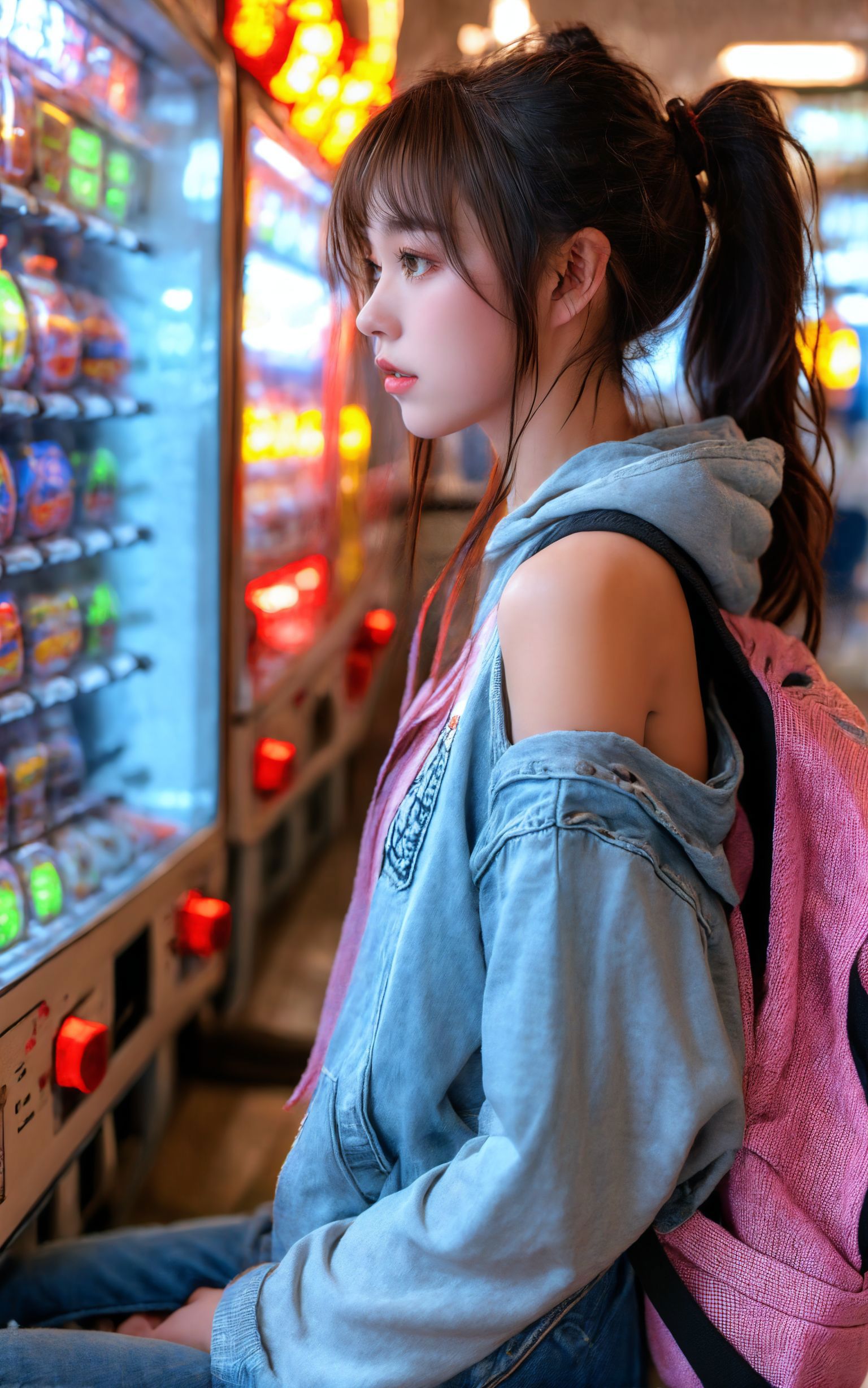 Araffe girl sitting on a bench in front of a vending machine - SeaArt AI