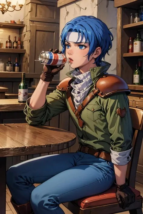 masterpiece, best quality, <lora:Ronan:1> ronanfe, armor, headband, gloves, boots, pants, <lora:CONCEPT-Chugging:1> chugging, alcohol, bar, indoors, sitting, table