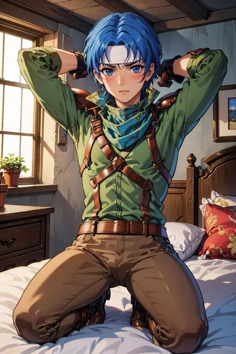 masterpiece, best quality, ronanfe, armor, headband, gloves, boots, pants, arms behind head, seiza, bed, bedroom, looking at viewer, blushing, shy, beautiful face, male focus