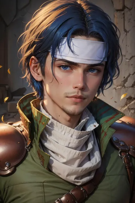 masterpiece, best quality, <lora:Ronan:1> ronanfe, armor, headband, gloves, upper body, looking at viewer, finely detailed face, beautiful, male focus, abstract background, face focus, portrait, blue hair