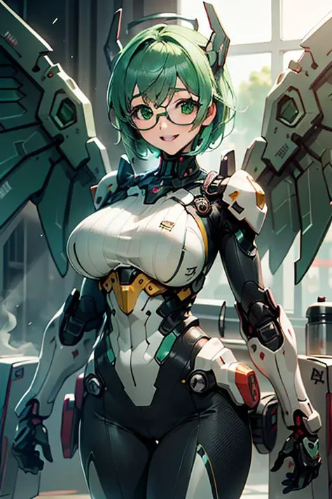 (masterpiece, high resolution, Perfect Quality:1.3), perfect anatomy, (cinematic shot face focus:1.5), 1girl solo female focus, (black and mint green complex detailed giant bulky mecha suit power suit mint green armor black exoskeleton, angelic mechanical_wings, bulky thrusters, Gatling gun sword, gold cross chest emblem), black skintight full body latex, (highly detail beautiful face:1), highly detailed beautiful green eyes, square frame glasses, chin-length green hair wispy bangs, blush happy smile perfect white teeth, (huge breasts:1.2), caustic colors, chiaroscuro, volumetric lighting, volumetric shading, extremely detailed, <lora:Yamada Maya:1> <lora:mechanical_wings-000007:0.5> (pureerosface_v1:0.8)