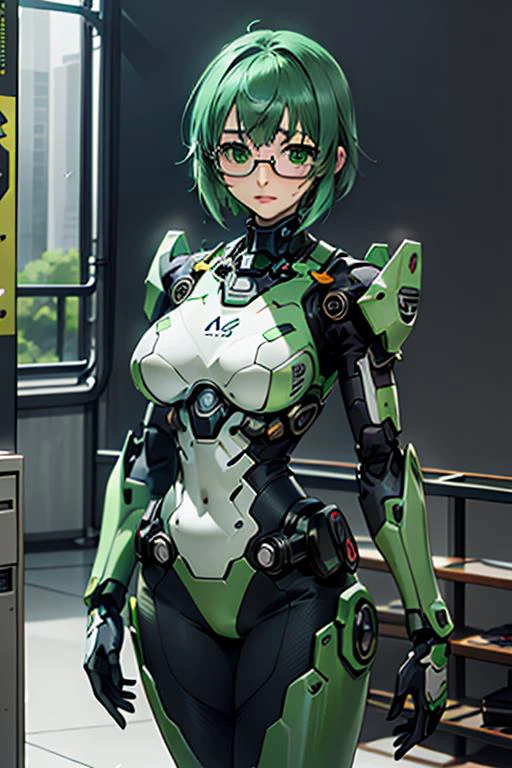 (masterpiece, Perfect Quality:1.3), perfect anatomy, (from front cinematic shot:1.3), 1girl solo female focus, (green complex detailed large bulky mecha suit power armor on arm legs and back, green power armor mecha exoskeleton suit), skintight bodysuit black spandex sleeveless, bare thighs, detailed battle ground in cyberpunk city, intense fighting pose and expression, (detailed beautiful face), beautiful green eyes, square frame glasses, chin-length green hair wispy bangs, lush lips lip-gloss, huge breasts, chiaroscuro, volumetric lighting, volumetric shading, high resolution, extremely detailed, anime art style, <lora:Yamada Maya:1> <lora:real_hair:0.8>