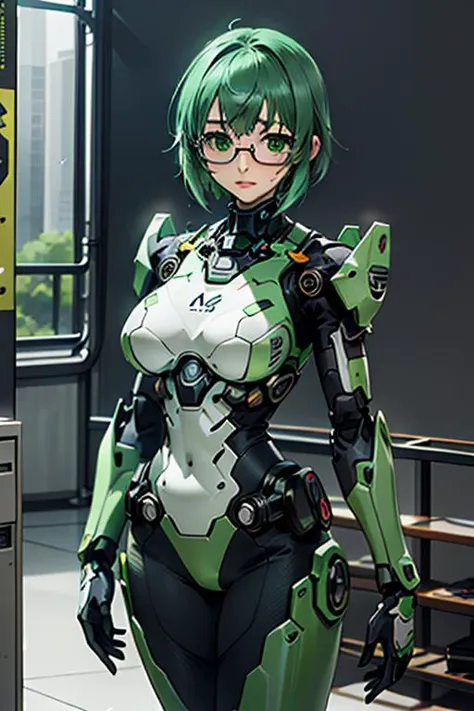 (masterpiece, Perfect Quality:1.3), perfect anatomy, (from front cinematic shot:1.3), 1girl solo female focus, (green complex detailed large bulky mecha suit power armor on arm legs and back, green power armor mecha exoskeleton suit), skintight bodysuit black spandex sleeveless, bare thighs, detailed battle ground in cyberpunk city, intense fighting pose and expression, (detailed beautiful face), beautiful green eyes, square frame glasses, chin-length green hair wispy bangs, lush lips lip-gloss, huge breasts, chiaroscuro, volumetric lighting, volumetric shading, high resolution, extremely detailed, anime art style, <lora:Yamada Maya:1> <lora:real_hair:0.8>