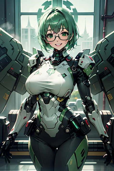 (masterpiece, high resolution, Perfect Quality:1.3), perfect anatomy, (cinematic shot face focus:1.5), 1girl solo female focus, (black and mint green complex detailed giant bulky mecha suit power suit mint green and black armor black exoskeleton, angelic mechanical_wings, bulky thrusters, Gatling gun, large gold Christian cross design on chest), black skintight full body latex, (highly detail beautiful face:1), (highly detailed beautiful green eyes), square frame glasses, chin-length green hair wispy bangs, blush happy smile perfect teeth, (huge breasts:1.2), caustic colors, chiaroscuro, volumetric lighting, volumetric shading, extremely detailed, <lora:Yamada Maya:1> <lora:mechanical_wings-000007:0.5> (pureerosface_v1:0.8)