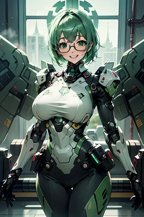 (masterpiece, high resolution, Perfect Quality:1.3), perfect anatomy, (cinematic shot face focus:1.5), 1girl solo female focus, (black and mint green complex detailed giant bulky mecha suit power suit mint green and black armor black exoskeleton, angelic mechanical_wings, bulky thrusters, Gatling gun, large gold Christian cross design on chest), black skintight full body latex, (highly detail beautiful face:1), (highly detailed beautiful green eyes), square frame glasses, chin-length green hair wispy bangs, blush happy smile perfect teeth, (huge breasts:1.2), caustic colors, chiaroscuro, volumetric lighting, volumetric shading, extremely detailed, <lora:Yamada Maya:1> <lora:mechanical_wings-000007:0.5> (pureerosface_v1:0.8)