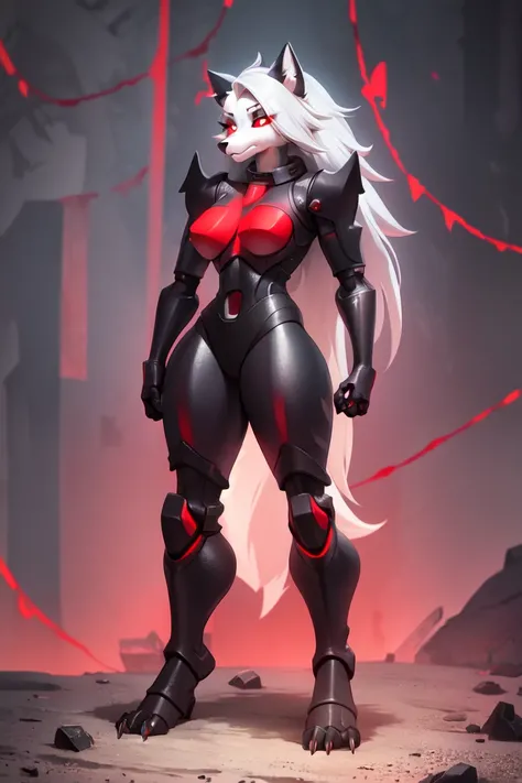 <lora:loonaHelluvaBossLora_loonaLoraV2000024:0.85>, ruins, full body portrait of loona hellhound, front view, furry, slit pupils, white eyes, red sclera, digitigrade, standing, (power armor), calm pose,