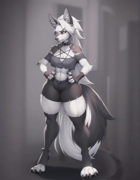 full body portrait of loona hellhound, loonacroptop, loonashorts, slit pupils, white eyes, red sclera, fingerless gloves, (toeless legwear), digitigrade, [spiked collar], [pentagram], (fluffy fuzzy furry fur covered skin:1.3), masterpiece, best quality, detailed realistic fur, standing, pose, <lora:loona:1>