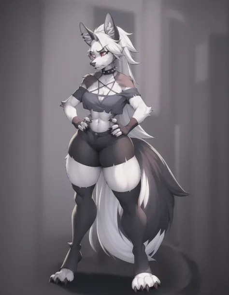 full body portrait of loona hellhound, loonacroptop, loonashorts, slit pupils, white eyes, red sclera, fingerless gloves, (toeless legwear), digitigrade, [spiked collar], [pentagram], (fluffy fuzzy furry fur covered skin:1.3), masterpiece, best quality, detailed realistic fur, standing, pose, <lora:loona:1>