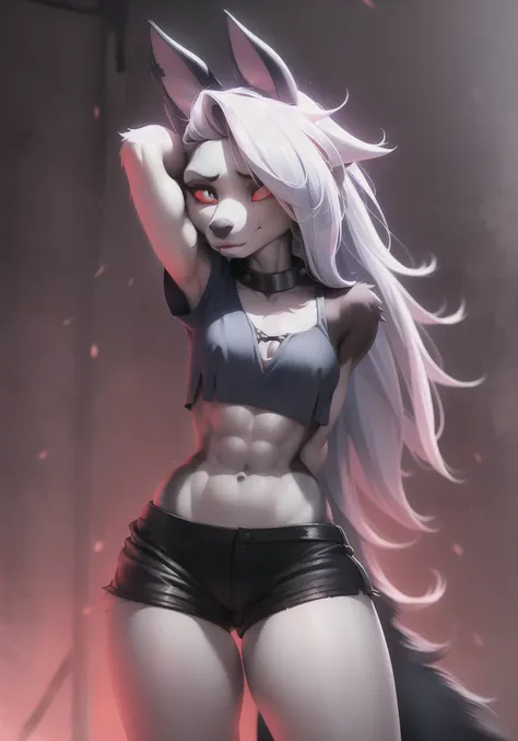 loona, furry, standing, front view, abs, muscular, slim, small breasts, arm cannon, slit pupils, white eyes, red sclera, long hair, looking at viewer, simple background, navel,<lora:loona:1>, highly detailed, trending on artstation, soft lighting, Greg Rutkowski, franz aver winterhalter, hellhound,, loonacroptop, loonashorts,