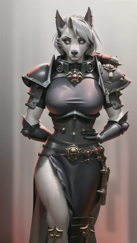 Masterpiece, best quality, loona, hellhound, 1girl, solo, (highly detailed eyes, slit pupils, white eyes, red sclera:1.5), furry female, (photorealistic, realistic:1.2), (large breasts:0.8), arms behind back, warhammer 40k, space marine, armor, adepta sororitas, power armor,