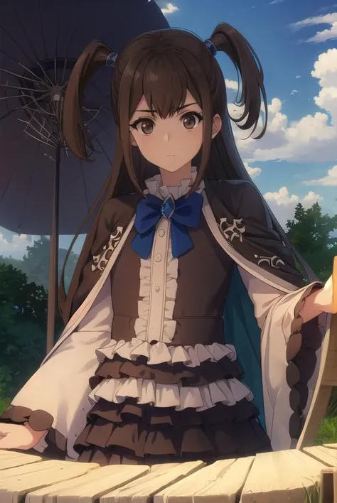 kizunakazayama, <lora:kizuna kazayama s2-lora-nochekaiser:1>,
kizuna kazayama, long hair, brown hair, (brown eyes:1.5), two side up,
BREAK long sleeves, dress, bow, frills, wide sleeves, bowtie, cape, blue bow, brooch, green dress, black cape,
BREAK outdoors, forest, nature, sky, sun, clouds,
BREAK looking at viewer, (cowboy shot:1.5),
BREAK <lyco:GoodHands-beta2:1>, (masterpiece:1.2), best quality, high resolution, unity 8k wallpaper, (illustration:0.8), (beautiful detailed eyes:1.6), extremely detailed face, perfect lighting, extremely detailed CG, (perfect hands, perfect anatomy),