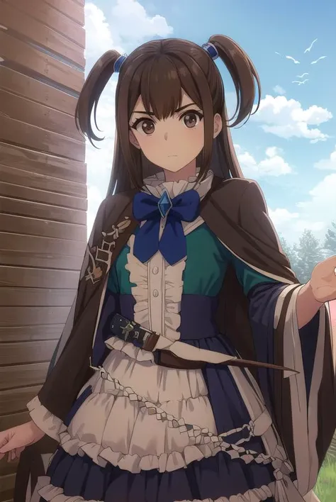 kizunakazayama, <lora:kizuna kazayama s2-lora-nochekaiser:1>,
kizuna kazayama, long hair, brown hair, (brown eyes:1.5), two side up,
BREAK long sleeves, dress, bow, frills, wide sleeves, bowtie, cape, blue bow, brooch, green dress, black cape,
BREAK outdoors, forest, nature, sky, sun, clouds,
BREAK looking at viewer, (cowboy shot:1.5),
BREAK <lyco:GoodHands-beta2:1>, (masterpiece:1.2), best quality, high resolution, unity 8k wallpaper, (illustration:0.8), (beautiful detailed eyes:1.6), extremely detailed face, perfect lighting, extremely detailed CG, (perfect hands, perfect anatomy),