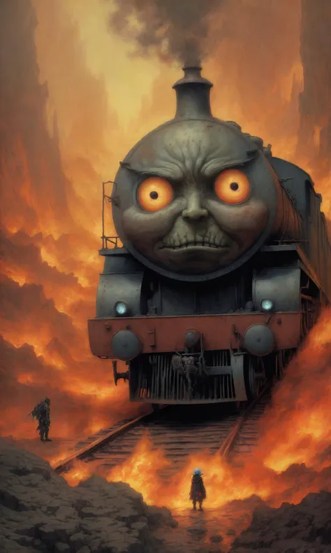 fantasy illustration,anime,art by Tsutomu Nihei,manga,oil paint,thomas the train in hell,beksinski