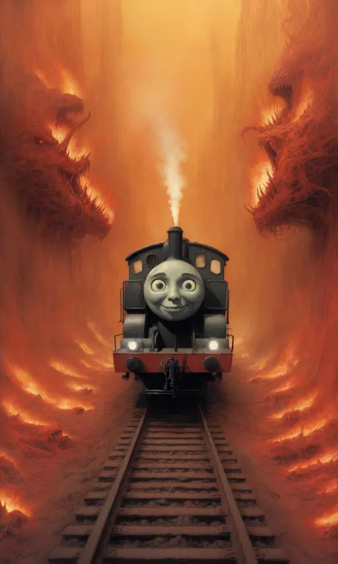 fantasy illustration,anime,art by Tsutomu Nihei,manga,oil paint,thomas the train in hell,beksinski