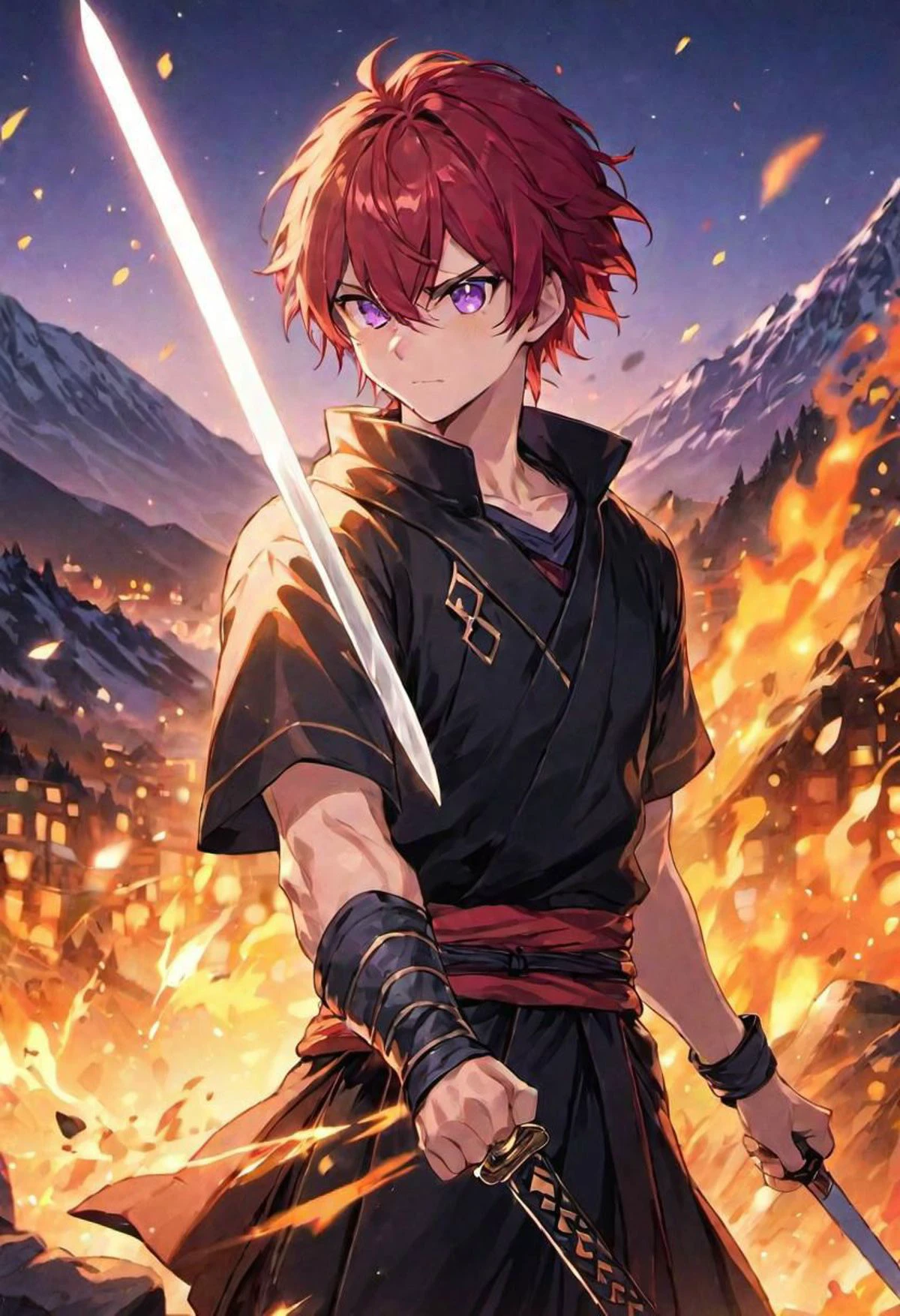 (ninja clothing, holding a sword) adult male, BREAK, purple eyes, BREAK , red hair, BREAK, warm colours, BREAK, wallpaper, mountain, BREAK, absurdres, masterpiece, BREAK, <lora:Festive_Bokeh_Anime:0.5>, mioha