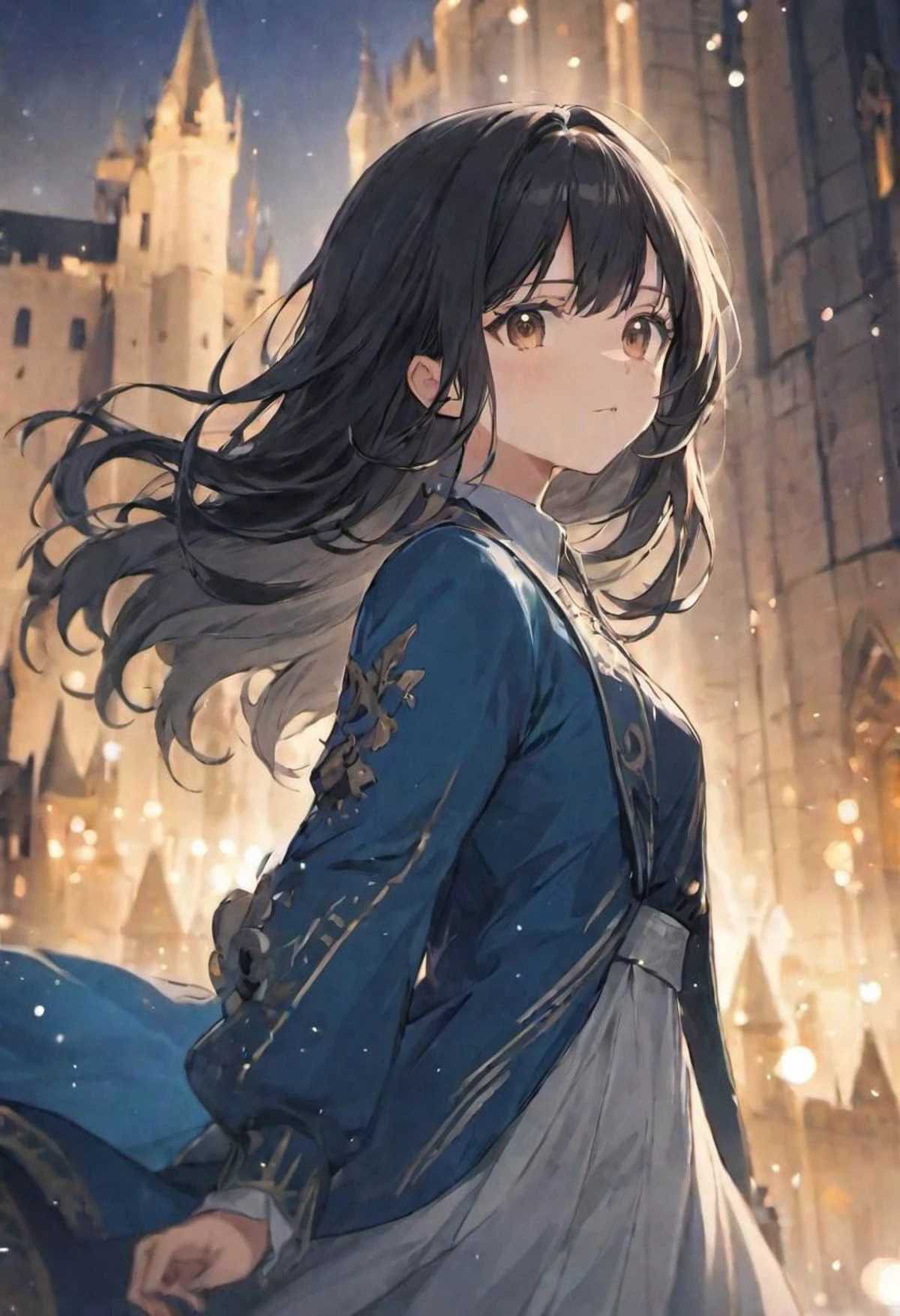 (royal white and blue clothing) adult female, BREAK, sharp brown eyes, BREAK , long black wavy hair, BREAK, cool colours, BREAK, wallpaper, castle, BREAK, absurdres, masterpiece, BREAK, <lora:Festive_Bokeh_Anime:0.5>, mioha