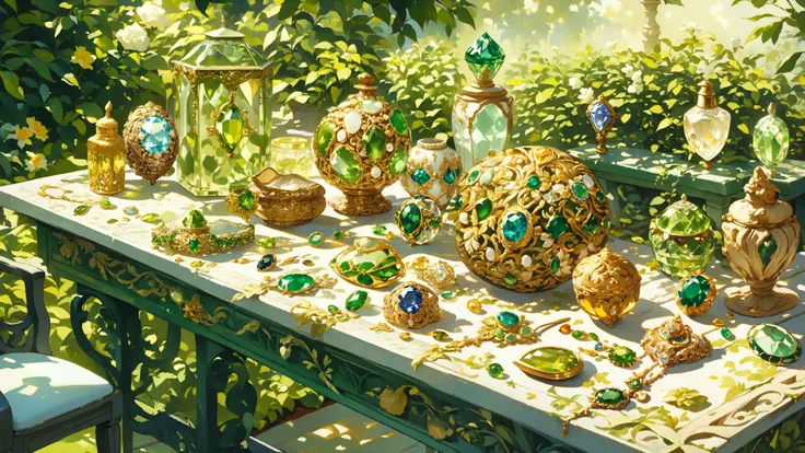 (best quality), (good quality), intricate details, a collection of ornate gems on a garden table. Side lighting, green and gold and white theme, sunny, light and shadows
