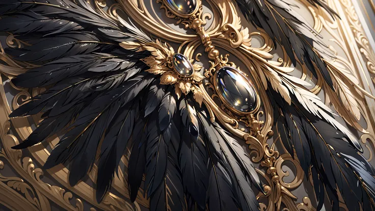 (best quality painting), (good quality), intricate details. Ornate detail from ornaments made of black feathers, shiny brass and refractive glass. Side lighting, sunny, light and shadows