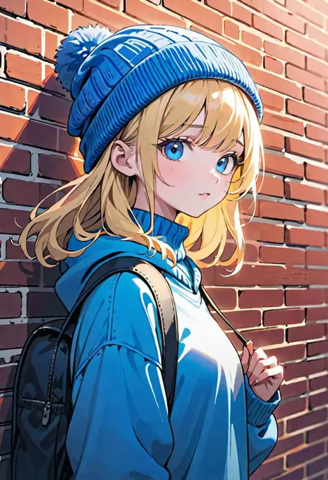 extremely detailed CG unity 8k wallpaper, highest quality, ultra-detailed, perfect illumination, accurate shadowing, one vibrant and lively,(white background) close up, masterpiece, best quality,01girl, solo, blonde hair, knit hat, blue eyes, Swept bangs, stand against the brick wall, blue baggy university blouson, sweatshirt, a girl's crossbody bag, sneakers, black jersey pants, illustration, top quality, ultra-detailed, little smile,