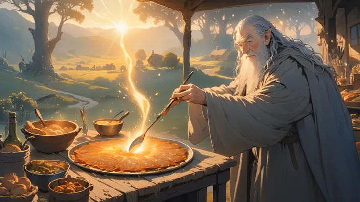 (best quality painting), (good quality), intricate details, gandalf the magician creating magical food at sunrise in the county with frodo the hobbit. The incantation requires sparks, smoke and glittering food. Side lighting, sunny, light and shadows