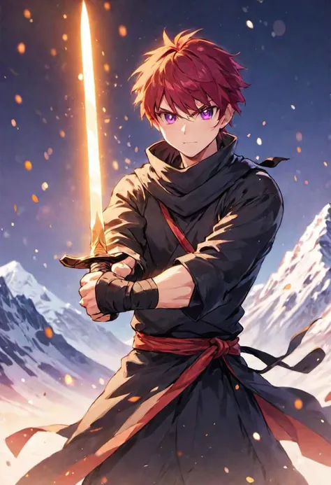 (ninja clothing, holding a sword) adult male, BREAK, purple eyes,  BREAK , red hair,  BREAK, warm colours, BREAK, wallpaper, mountain, BREAK, absurdres, masterpiece, BREAK, <lora:Festive_Bokeh_Anime:0.5>, mioha