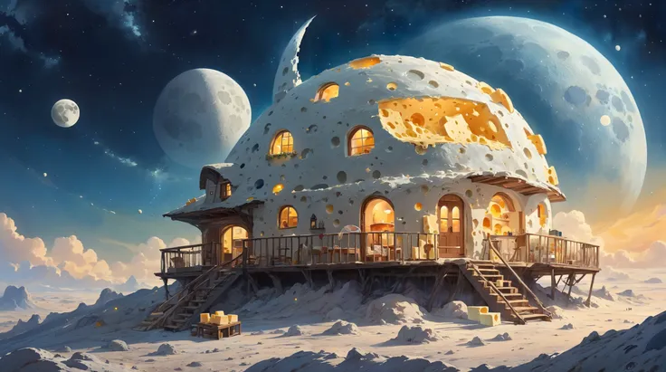 ainting), (good quality), intricate details. on the moon, a house made of cheese. Side lighting, sunny, warm and cosy atmosphere. In the sky, the earth van be seen as well as nebula