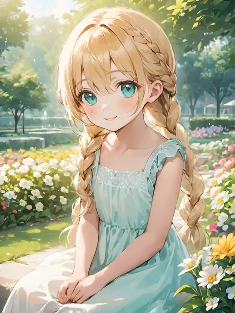 ((masterpiece)), ((best quality)), ((ultra-detailed)), ((soft smile looking away)), photo background, realistic, ((drooping eyes)), ((blonde hair)), ((young, 9 )), long hair, braids, asymmetrical bangs, hair between eyes, sitting, white summer dress, ((aqua eyes)), one girl, flower park,
<lora:add_detail:1>