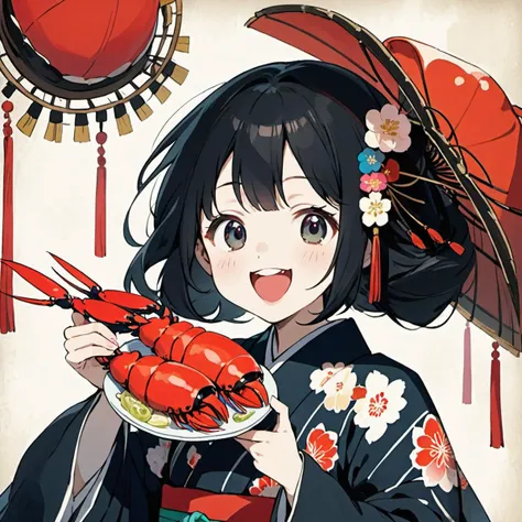 Kawaii Anime still, tin type photography, Studio Ghibli, Naïve watercolour illustration, 我這邊已經開始全面阿桑in black mask化了.....995Mochicore crazy smile with big mouth, a little red horror wearing traditional court dress of the Heian period, eating lobster, moe anime style Hinamatsuri set, fashion photography,